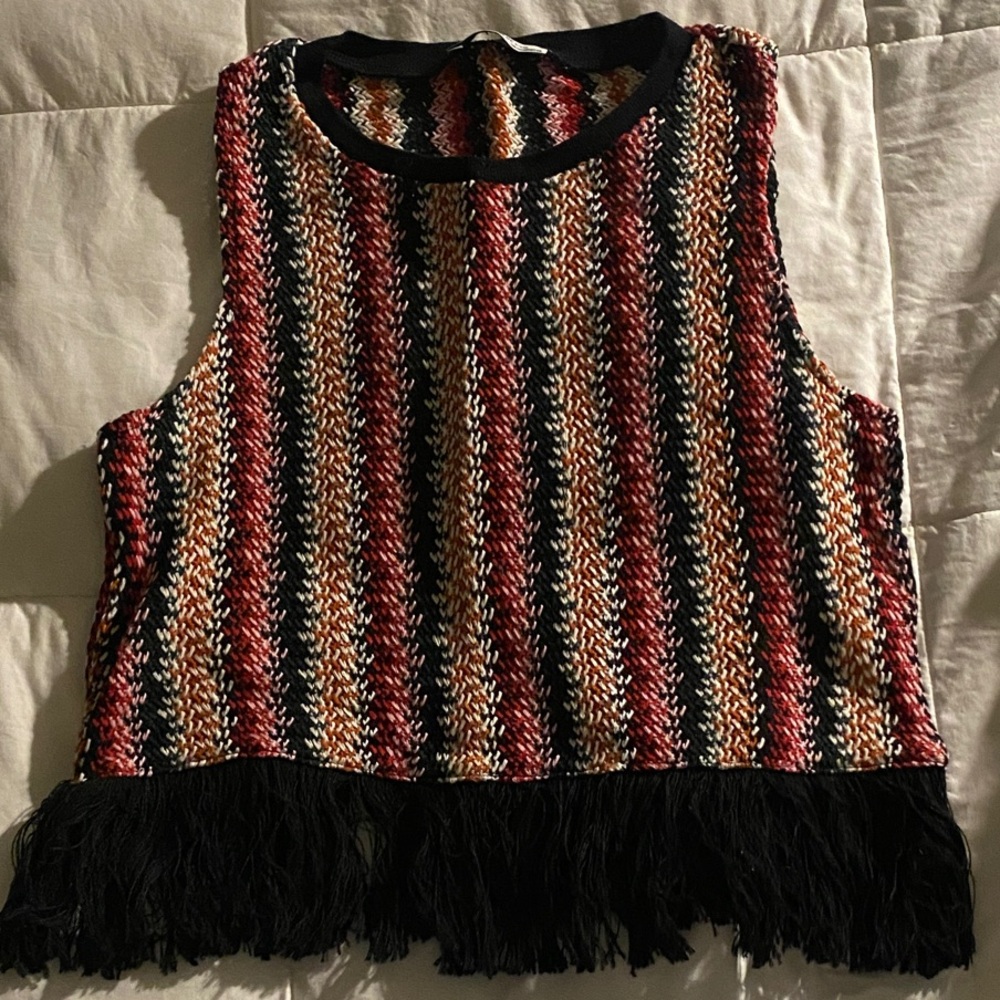 Zara Striped Fringe Crop Top - Red, Black, Yellow